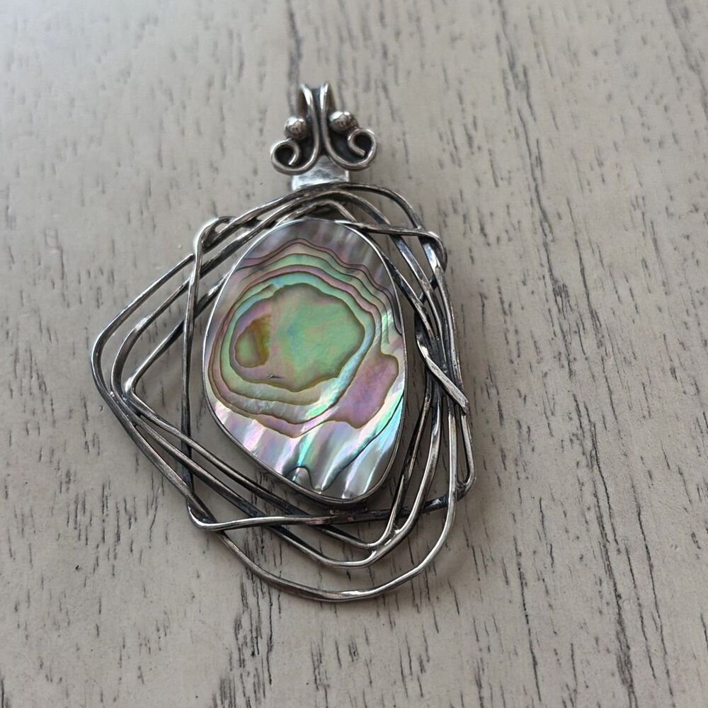 Round 925 Sterling Silver and Natural Shell Abalone Statement Pendant